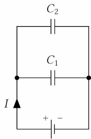 Esercizi sui circuiti elettrici circuito elettrico percorso da corrente con generatore e due condensatori in parallelo