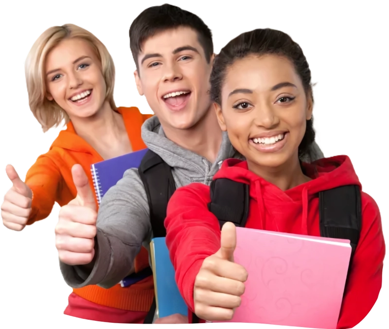 Homepage tre studenti soddisfatti e sorridenti con libri in mano