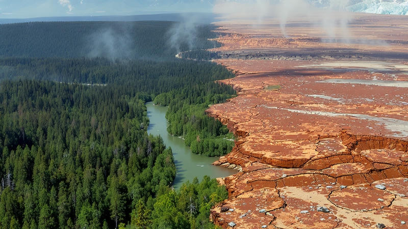 Cambiamento climatico spiegato con la fisica quantistica: il paradosso che ci coinvolge tutti Panorama aereo che contrappone un ambiente naturale sano a uno in crisi climatica